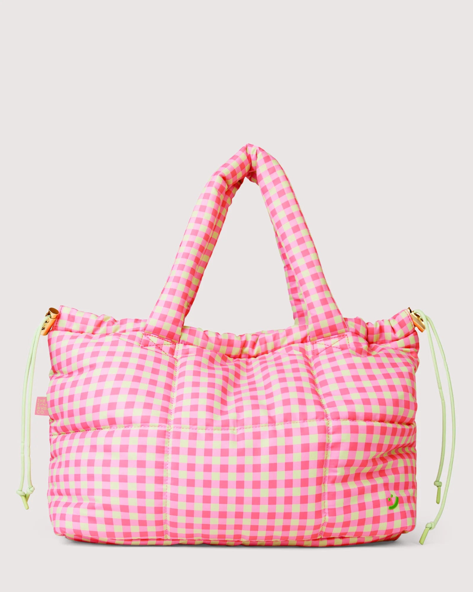 Pink Lime Gingham Puffy Drawstring Tote Bag with Padded Carry Straps