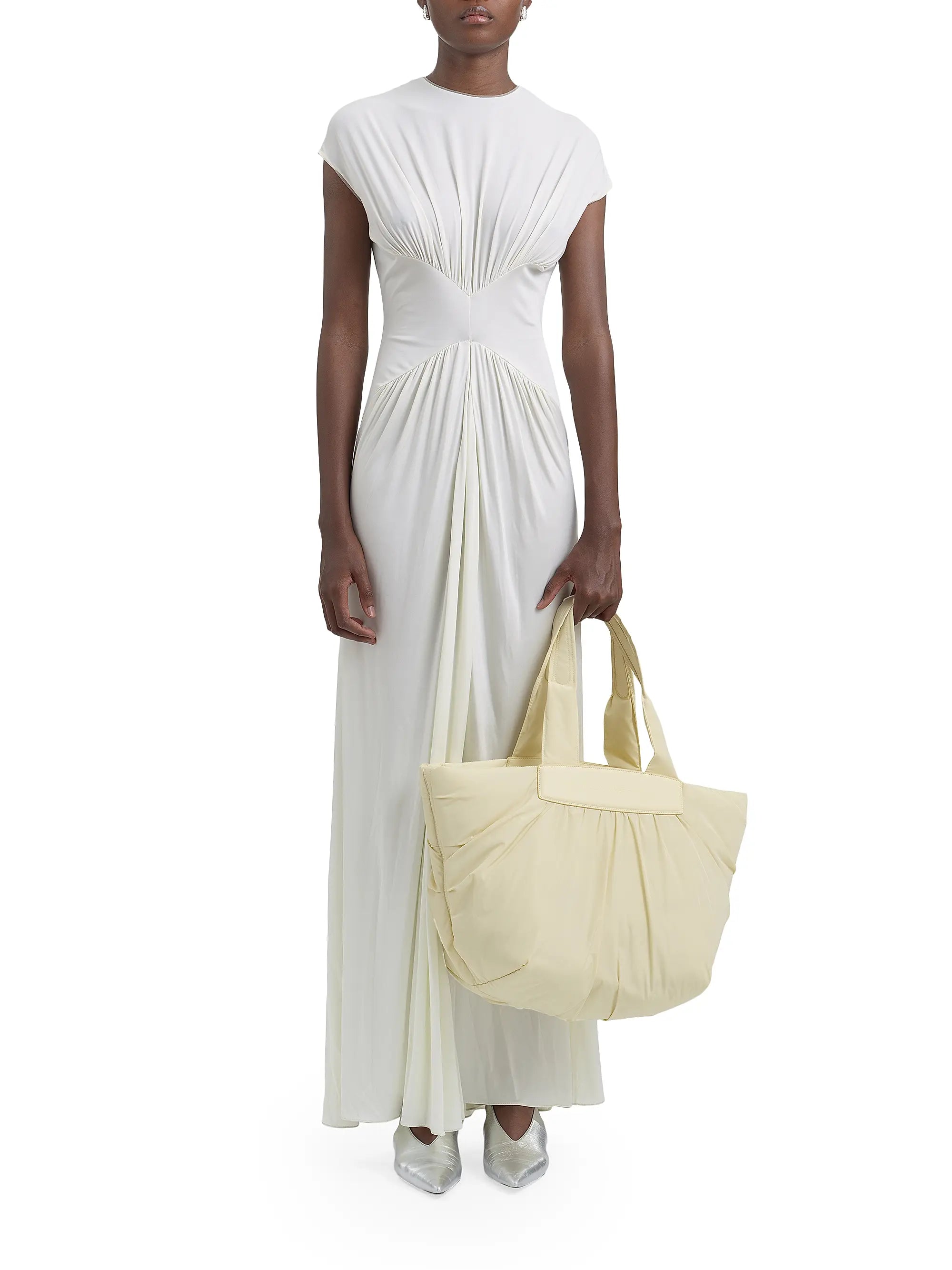 Pale Cream Gathered Tote Bag with Faux Leather Handles & Convertible Strap