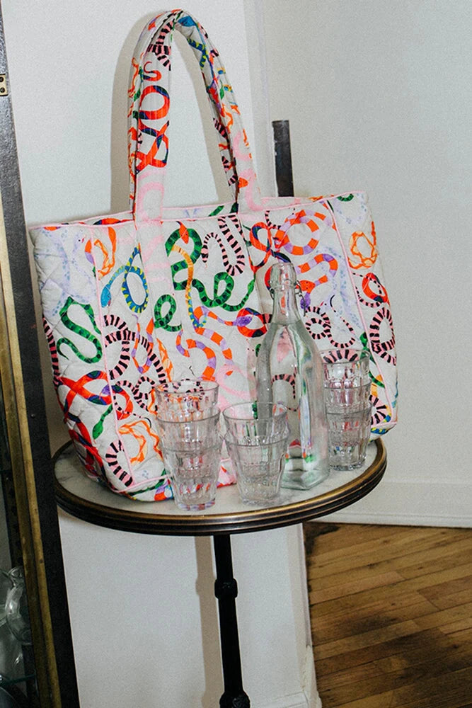 Two-Tone Printed Quilted Large Shoulder Bag with Matching Padded Carry Straps