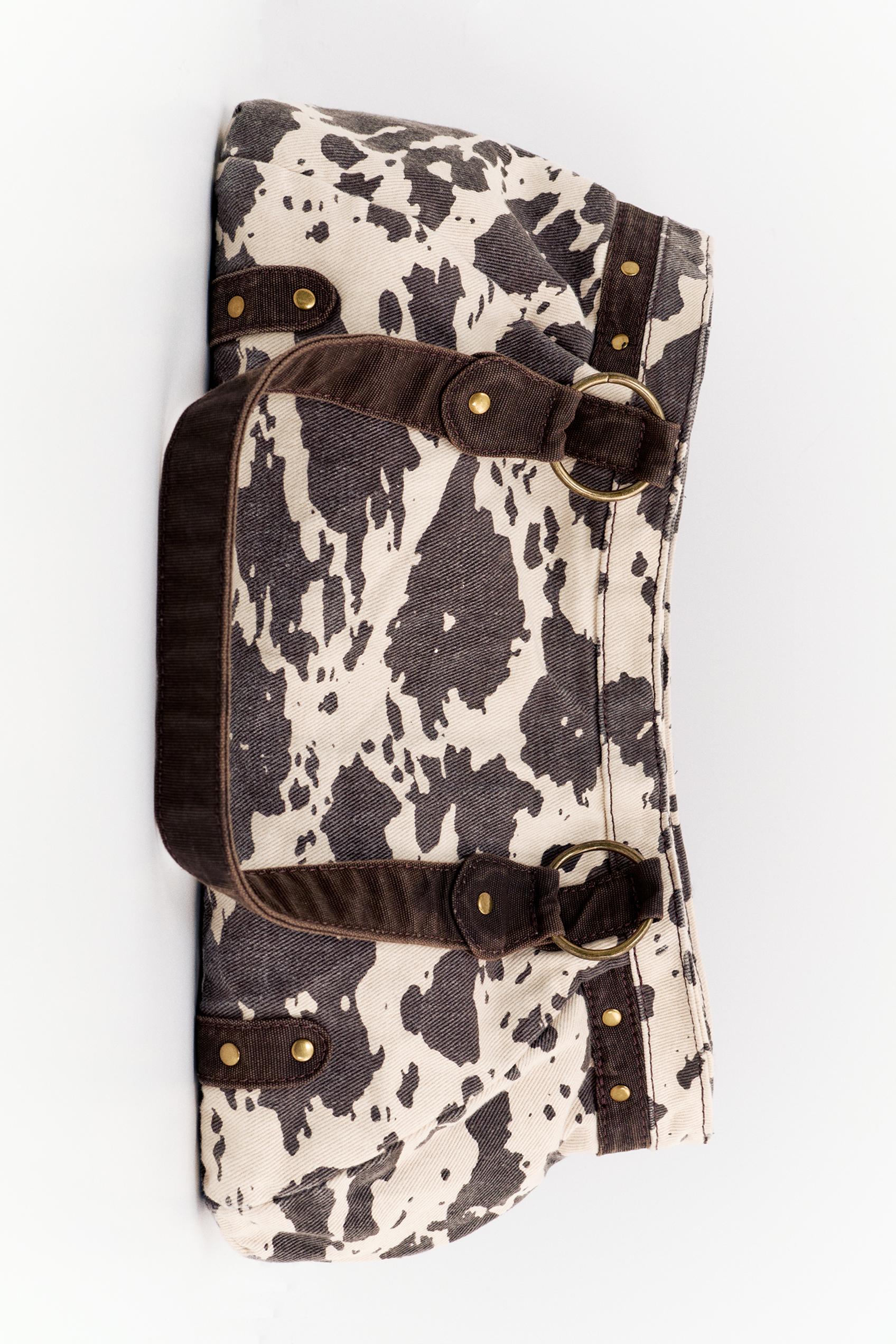 Cream & Dark Brown Cow Print Soft Shoulder Bag with Faux Leather Hardware Straps