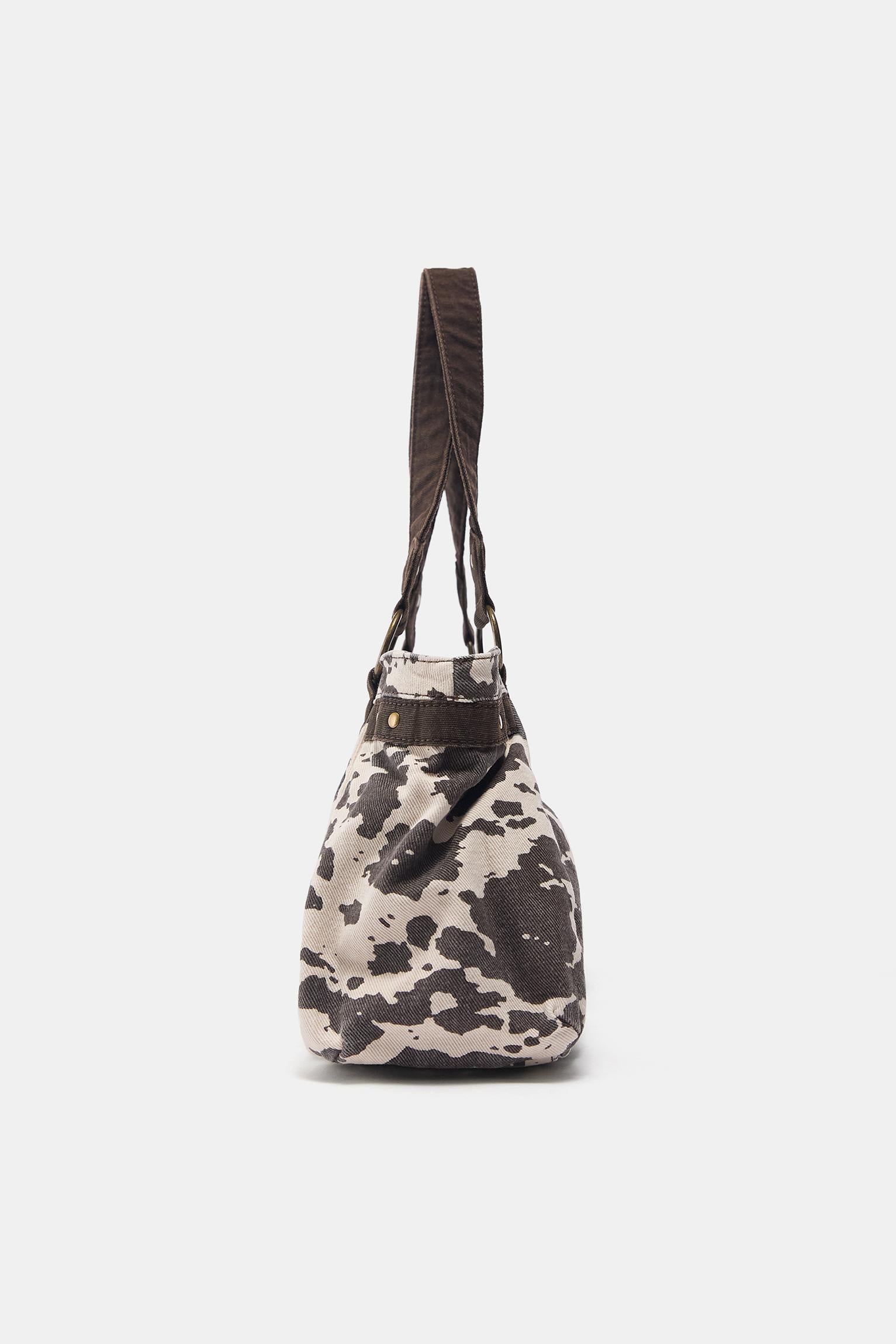 Cream & Dark Brown Cow Print Soft Shoulder Bag with Faux Leather Hardware Straps
