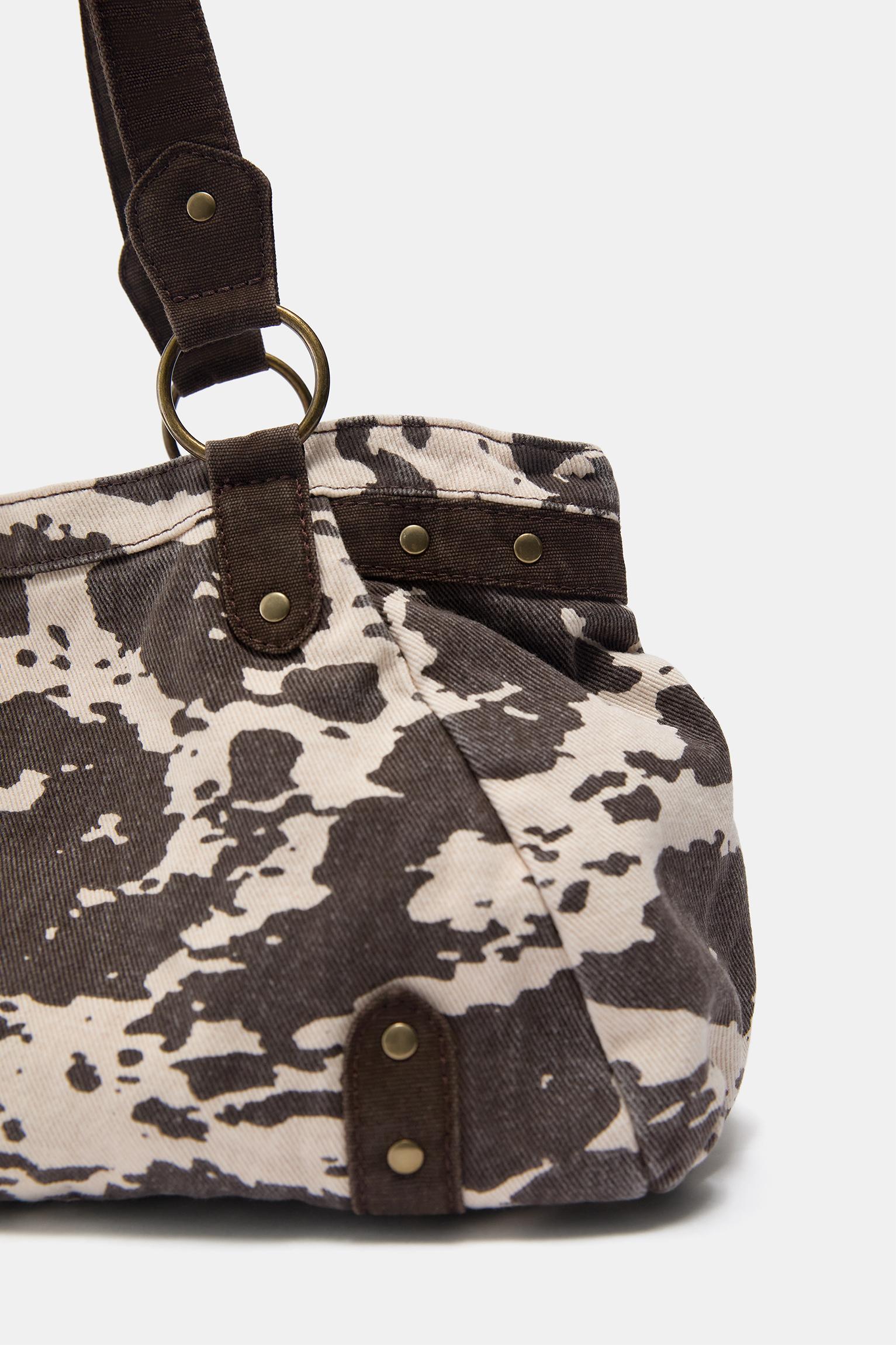 Cream & Dark Brown Cow Print Soft Shoulder Bag with Faux Leather Hardware Straps