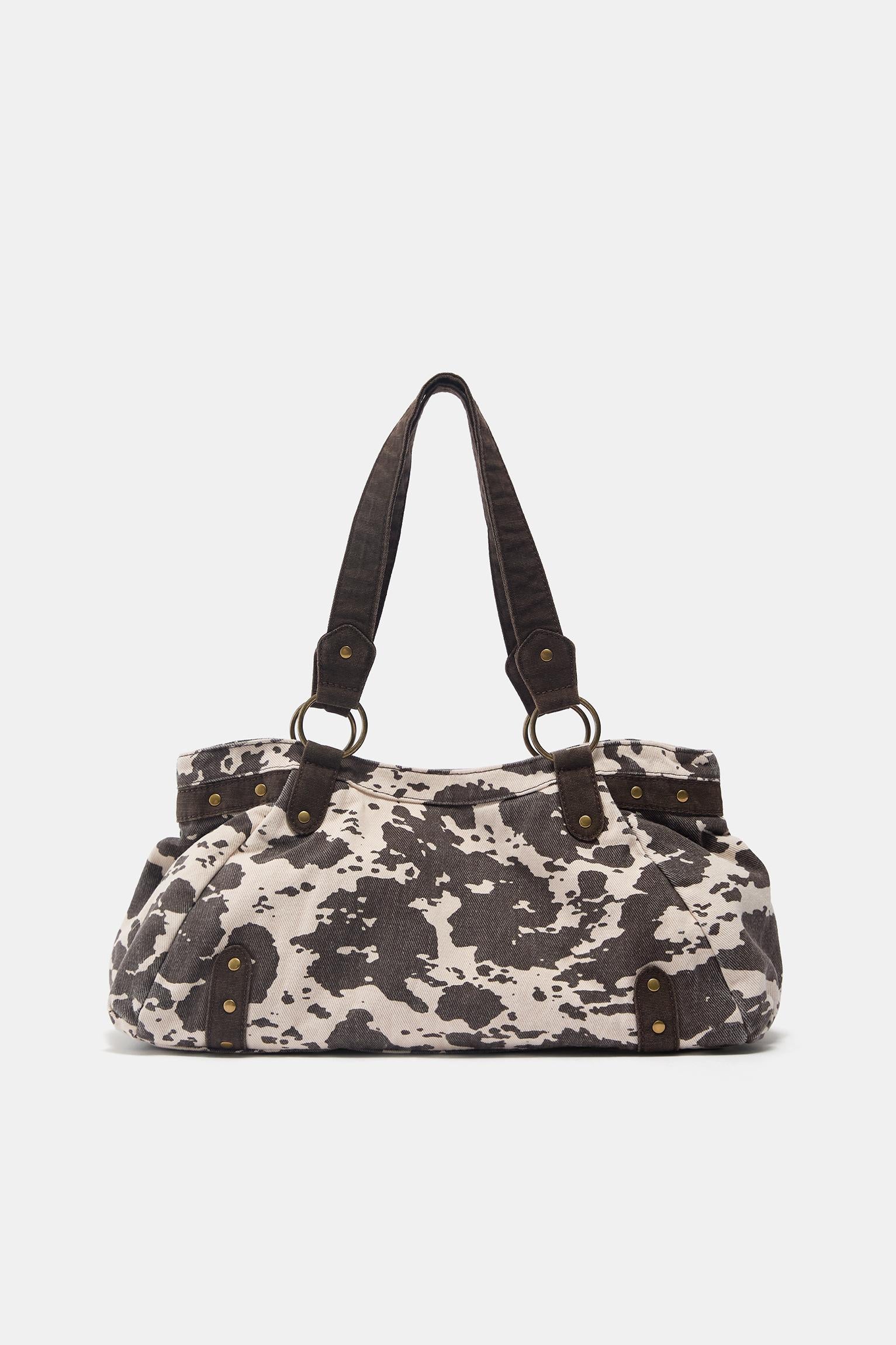 Cream & Dark Brown Cow Print Soft Shoulder Bag with Faux Leather Hardware Straps