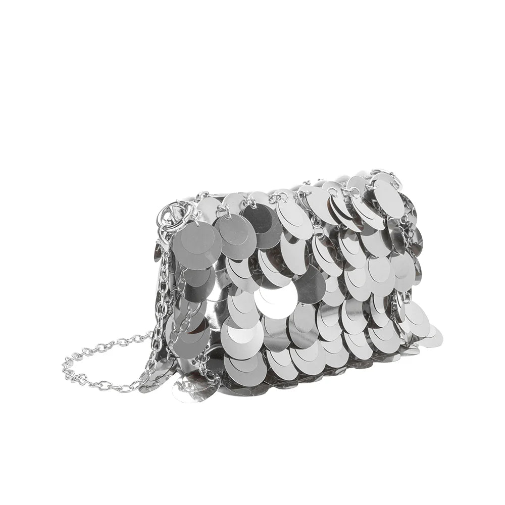 Metallic Sequined Mini Crossbody Bag with Detachable Thin Chain Strap