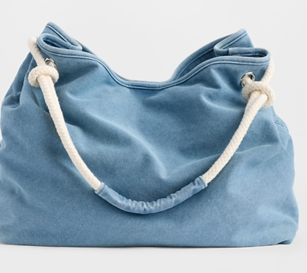 Soft Light Blue Slouchy Bucket Bag with Knotted White Rope Shoulder Strap