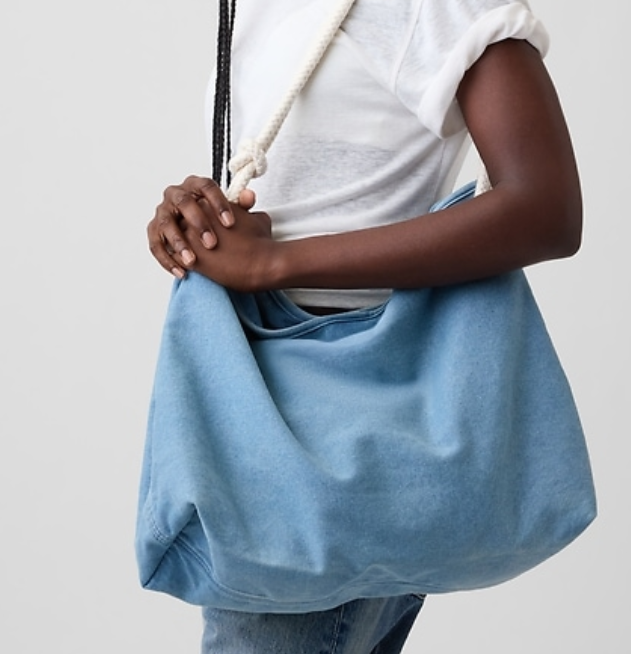 Soft Light Blue Slouchy Bucket Bag with Knotted White Rope Shoulder Strap