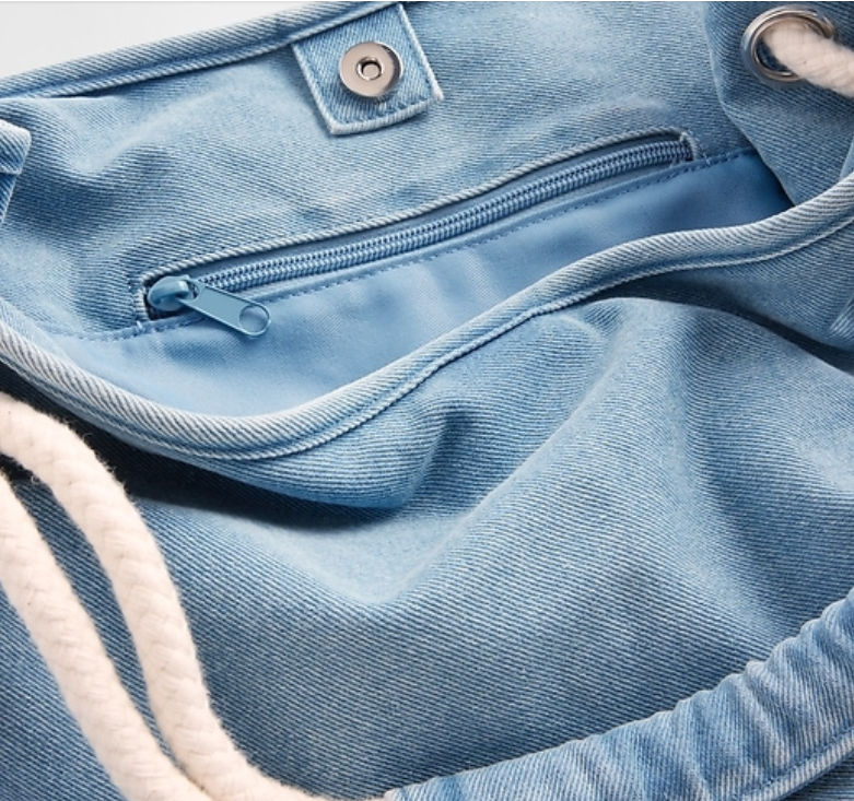 Soft Light Blue Slouchy Bucket Bag with Knotted White Rope Shoulder Strap