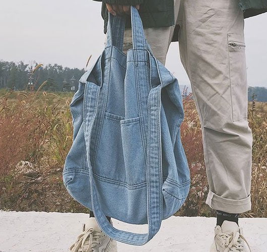 Dual Shade Loose Denim Tote Bag with Wide Stitched Carry Straps & Outer Pocket Detail