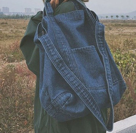 Dual Shade Loose Denim Tote Bag with Wide Stitched Carry Straps & Outer Pocket Detail