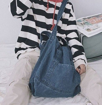 Dual Shade Loose Denim Tote Bag with Wide Stitched Carry Straps & Outer Pocket Detail