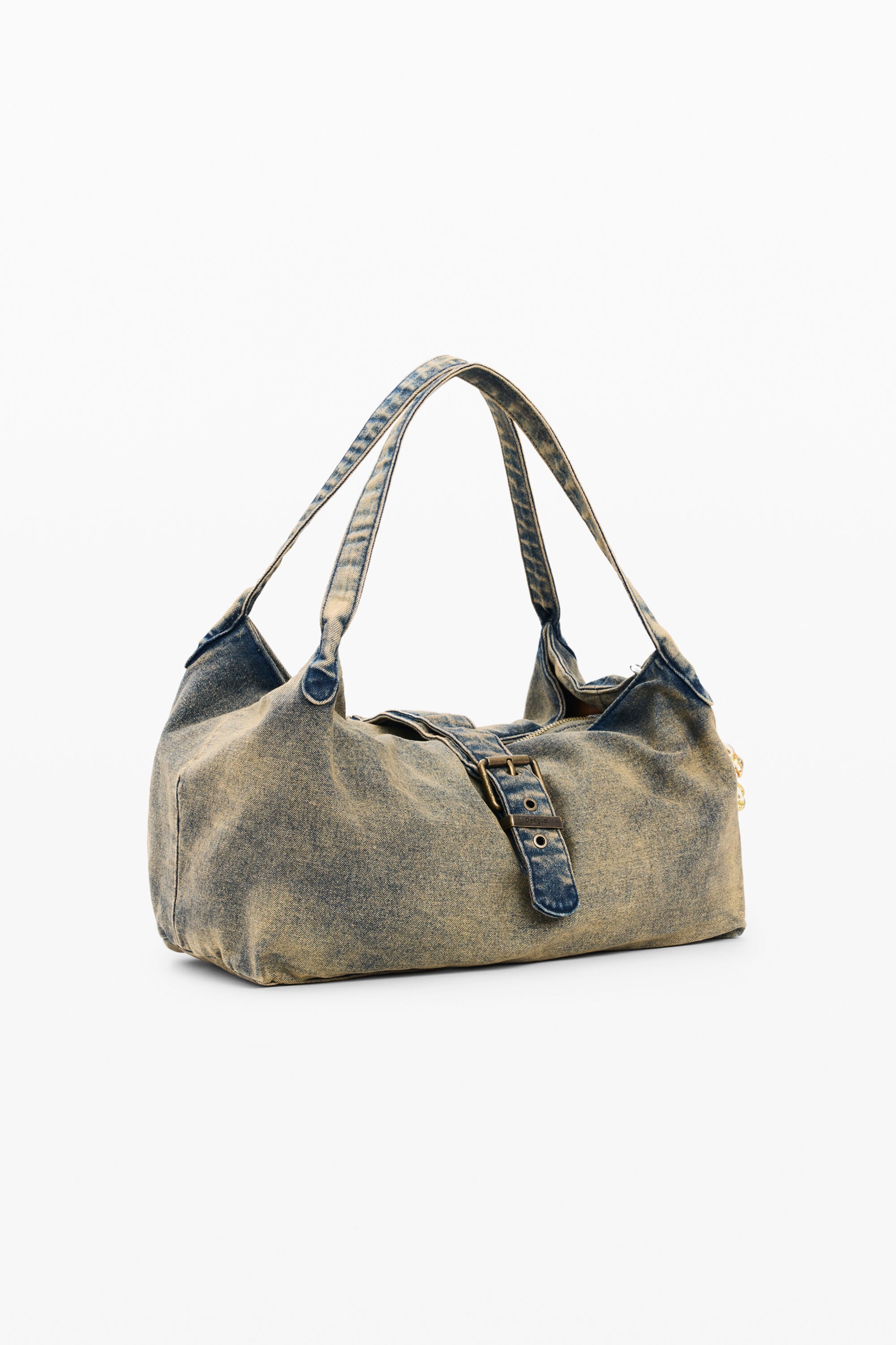 Vintage Washed Khaki Denim Shoulder Bag with Buckle Strap & Colorful Floral Charm