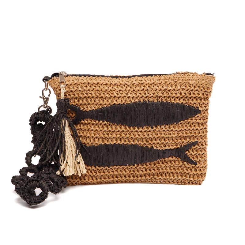 Natural Woven Wristlet Bag with Black Fish Embroidery & Tassel Chain Strap