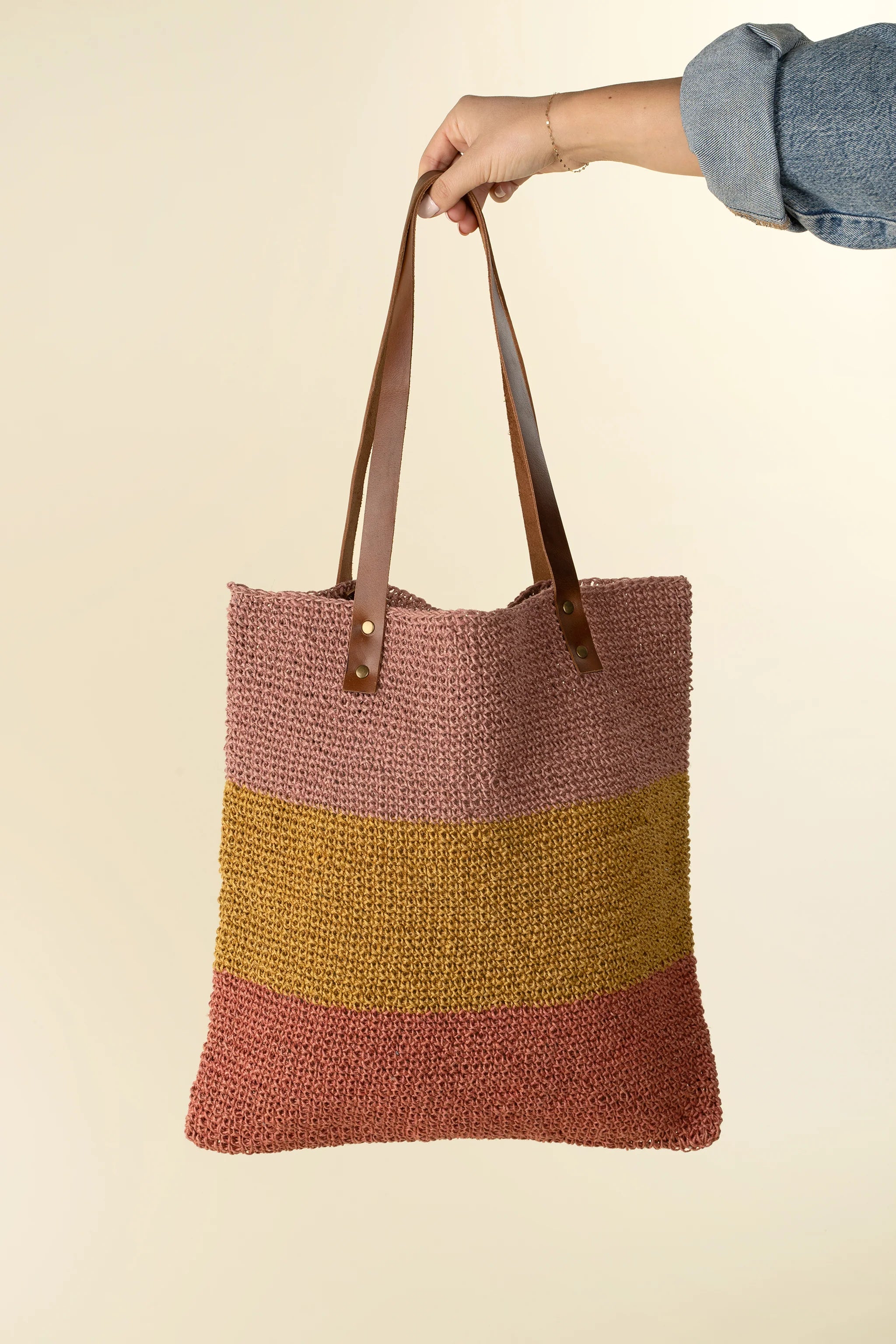 Sunset Tri-Tone Leather Strap Woven Tote Bag - Summer Vacation Daily Bag