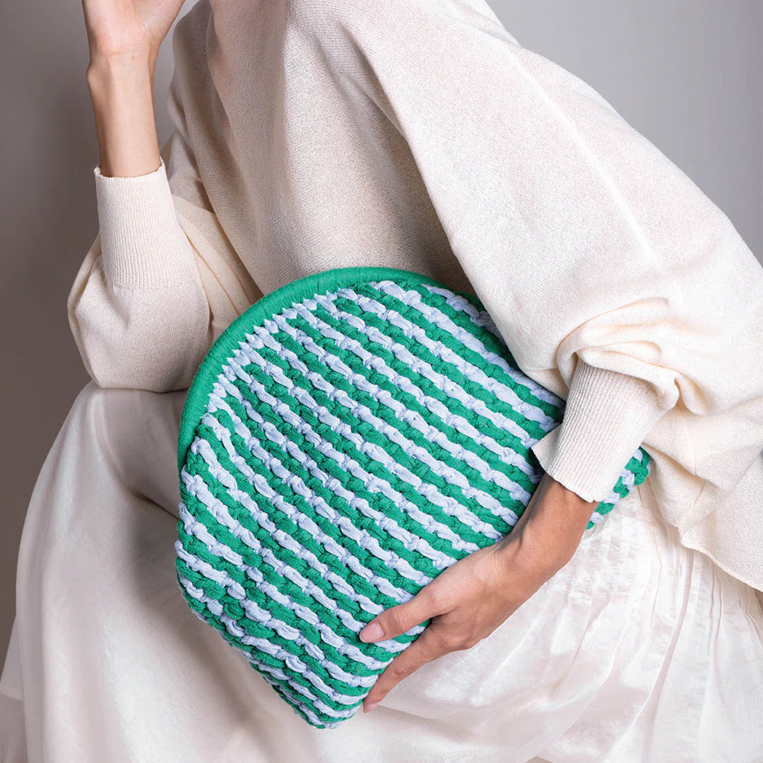 Dual Tone Vertical Striped Dome Clutch Bag with Curved Trim Edge