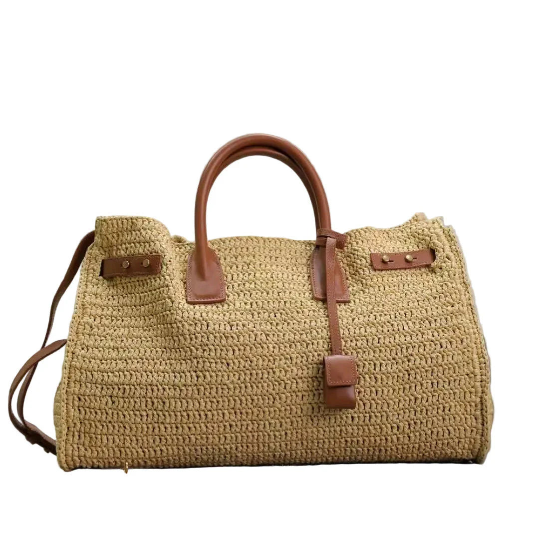 Natural Beige Woven Multi-Wear Travel Bag with Brown Leather Hardware