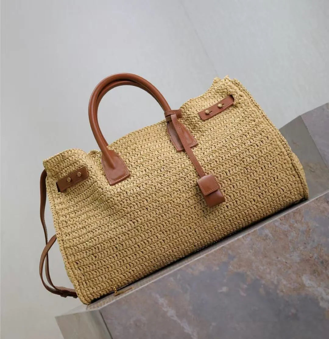Natural Beige Woven Multi-Wear Travel Bag with Brown Leather Hardware