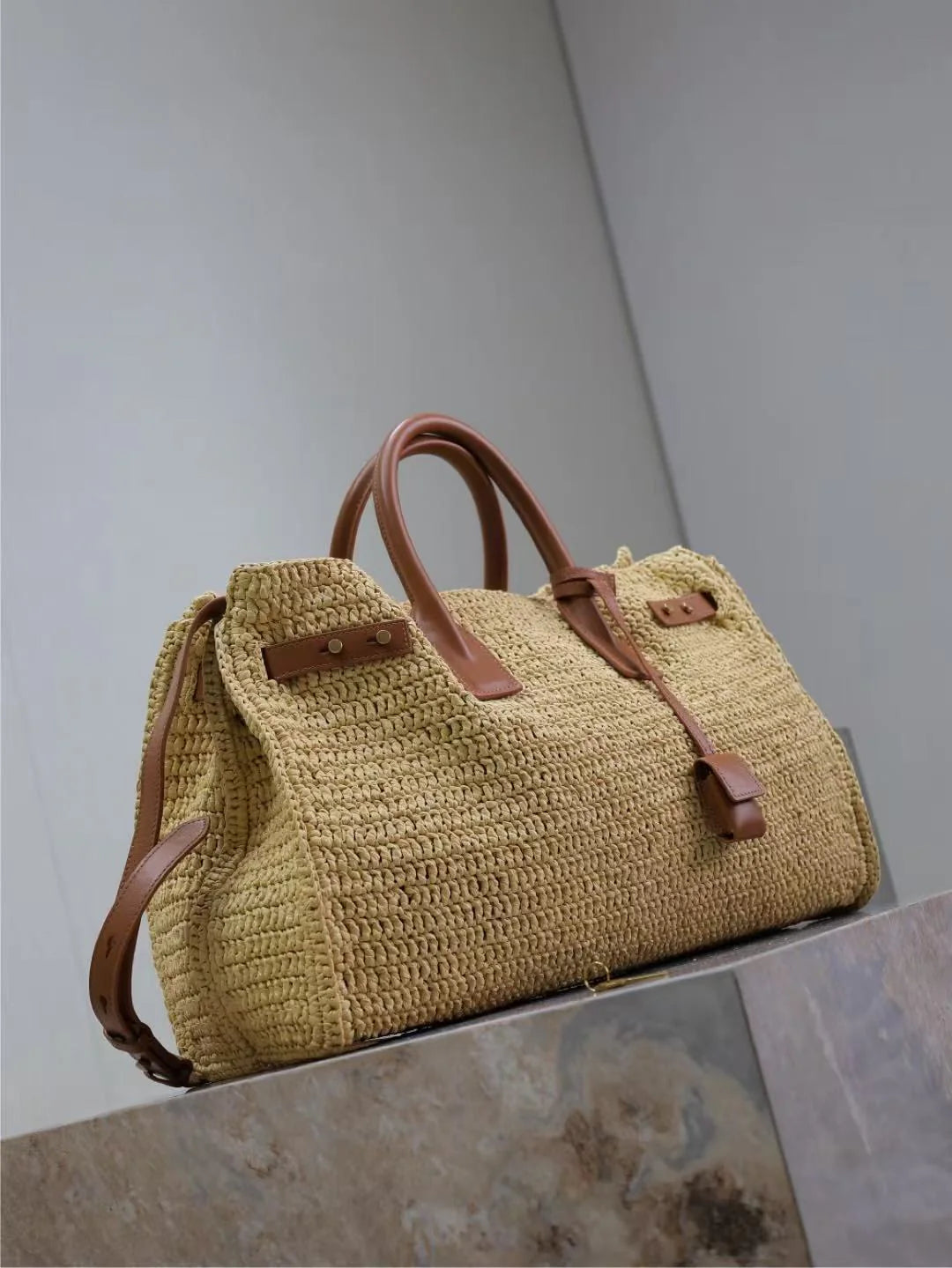 Natural Beige Woven Multi-Wear Travel Bag with Brown Leather Hardware