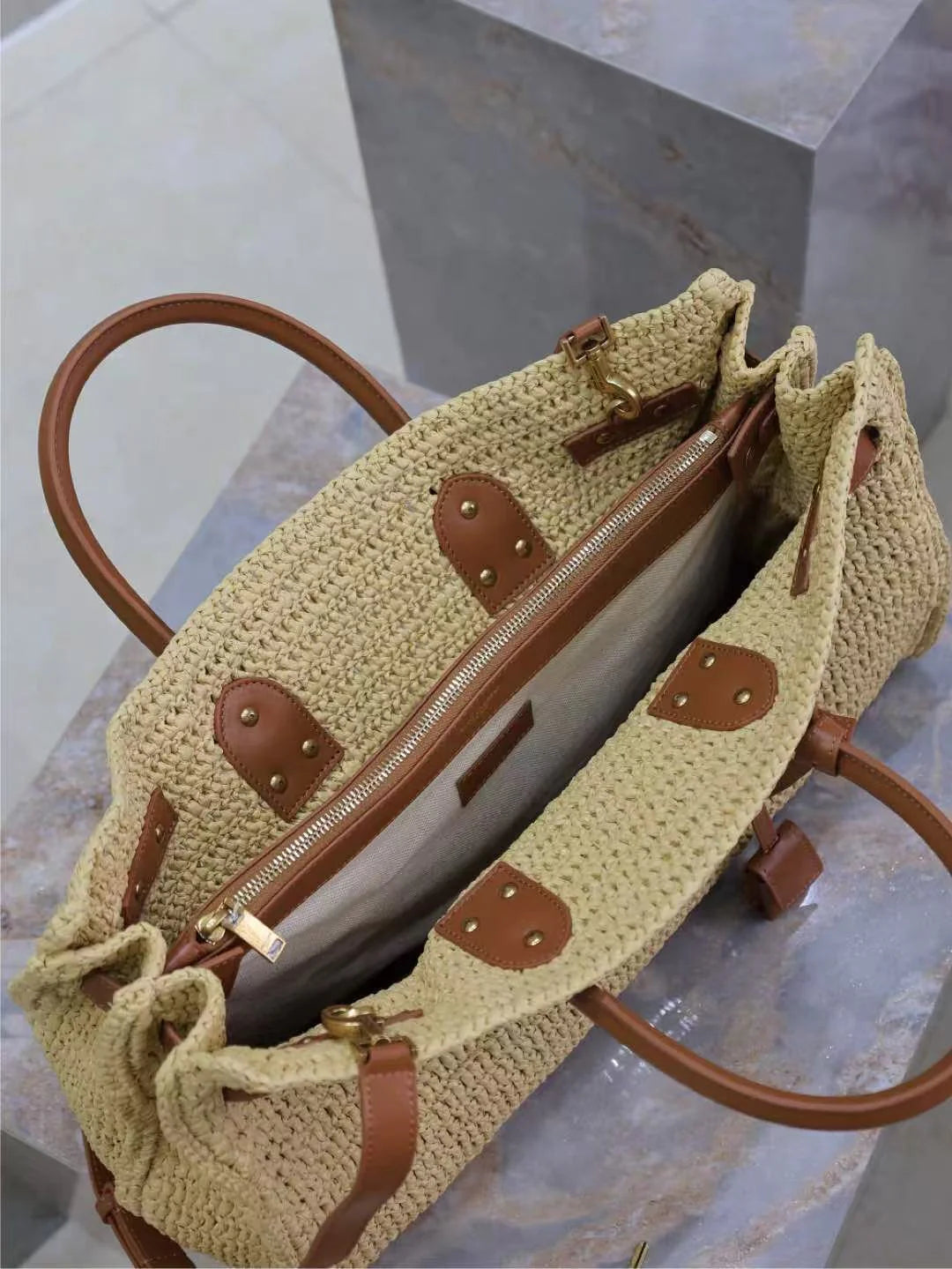 Natural Beige Woven Multi-Wear Travel Bag with Brown Leather Hardware