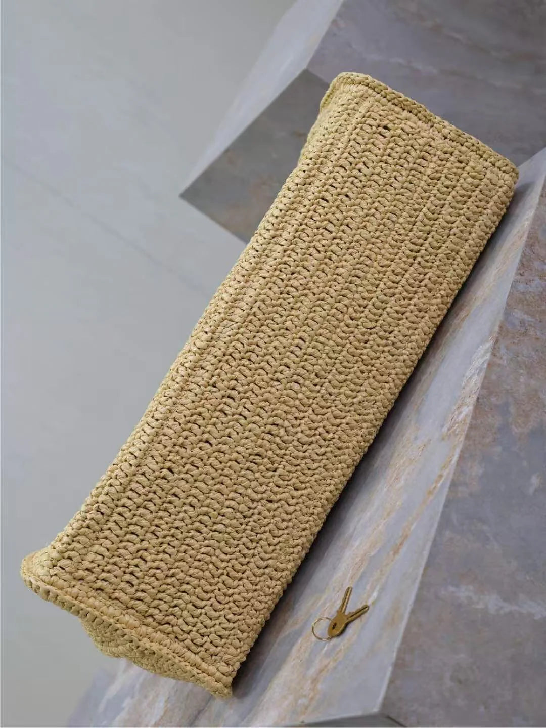 Natural Beige Woven Multi-Wear Travel Bag with Brown Leather Hardware