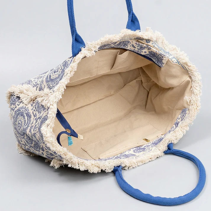 Blue Paisley Print Fringe Trim Tote Bag with Bright Fabric Handles