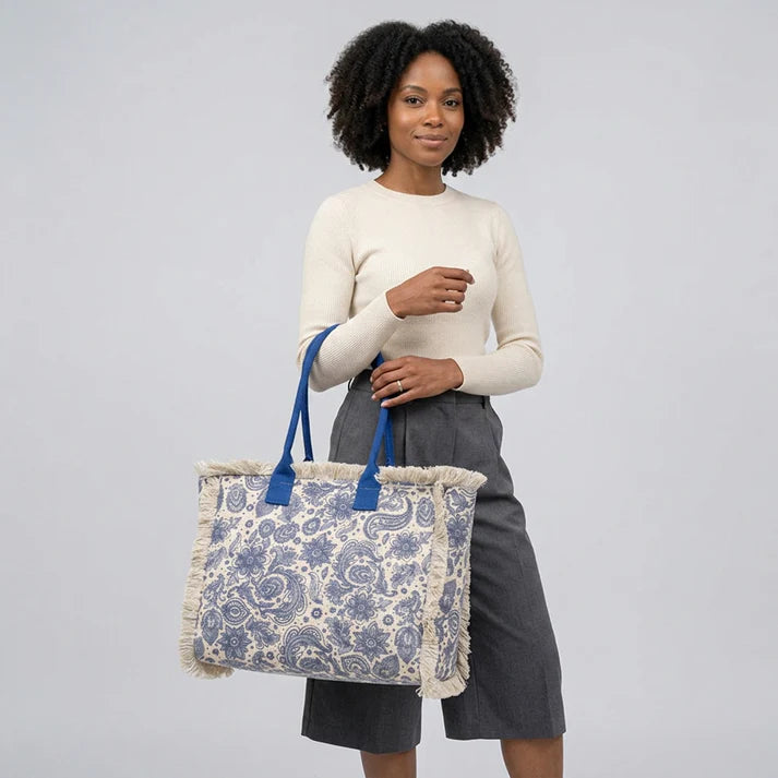Blue Paisley Print Fringe Trim Tote Bag with Bright Fabric Handles