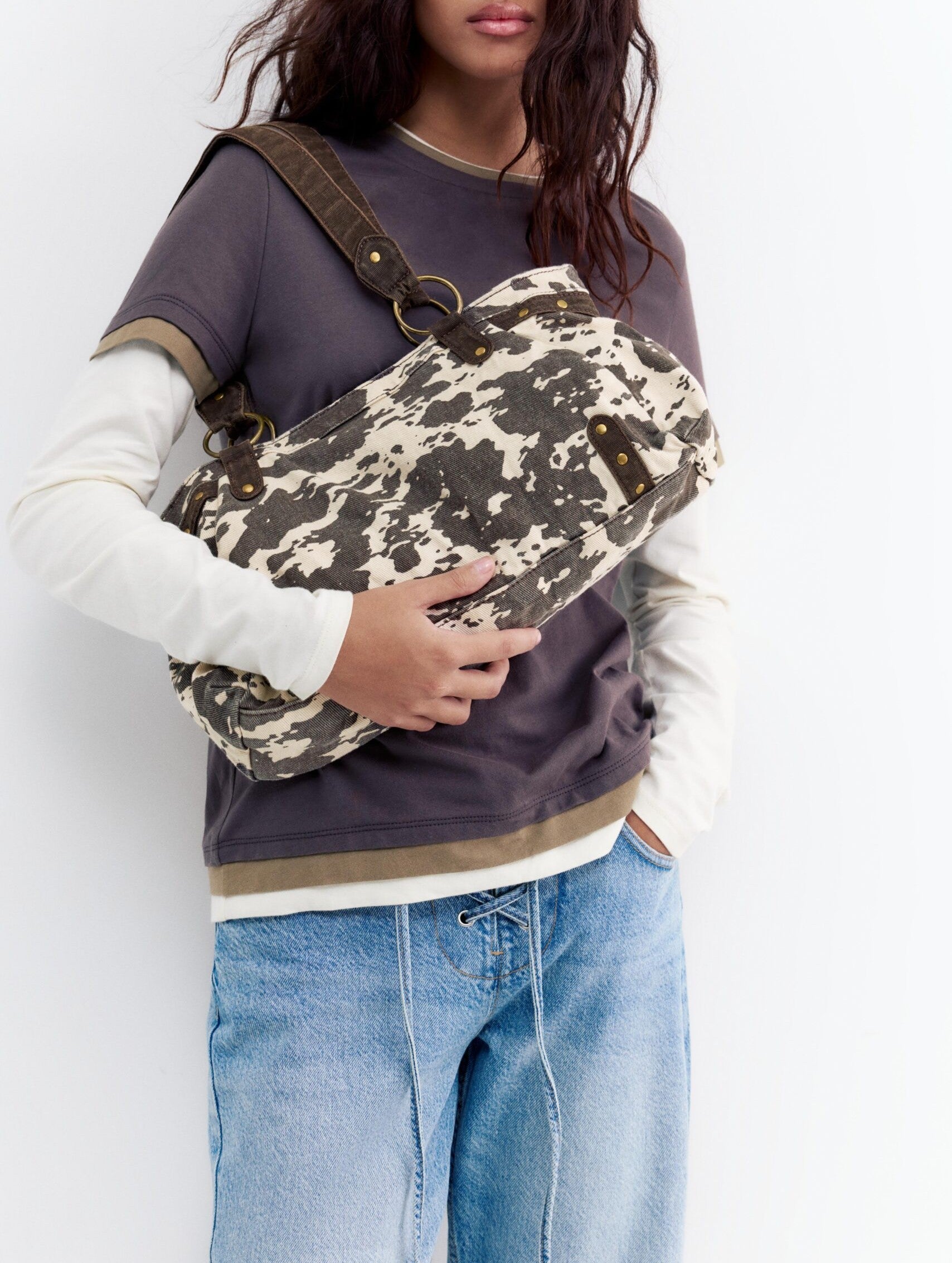 Cream & Dark Brown Cow Print Soft Shoulder Bag with Faux Leather Hardware Straps