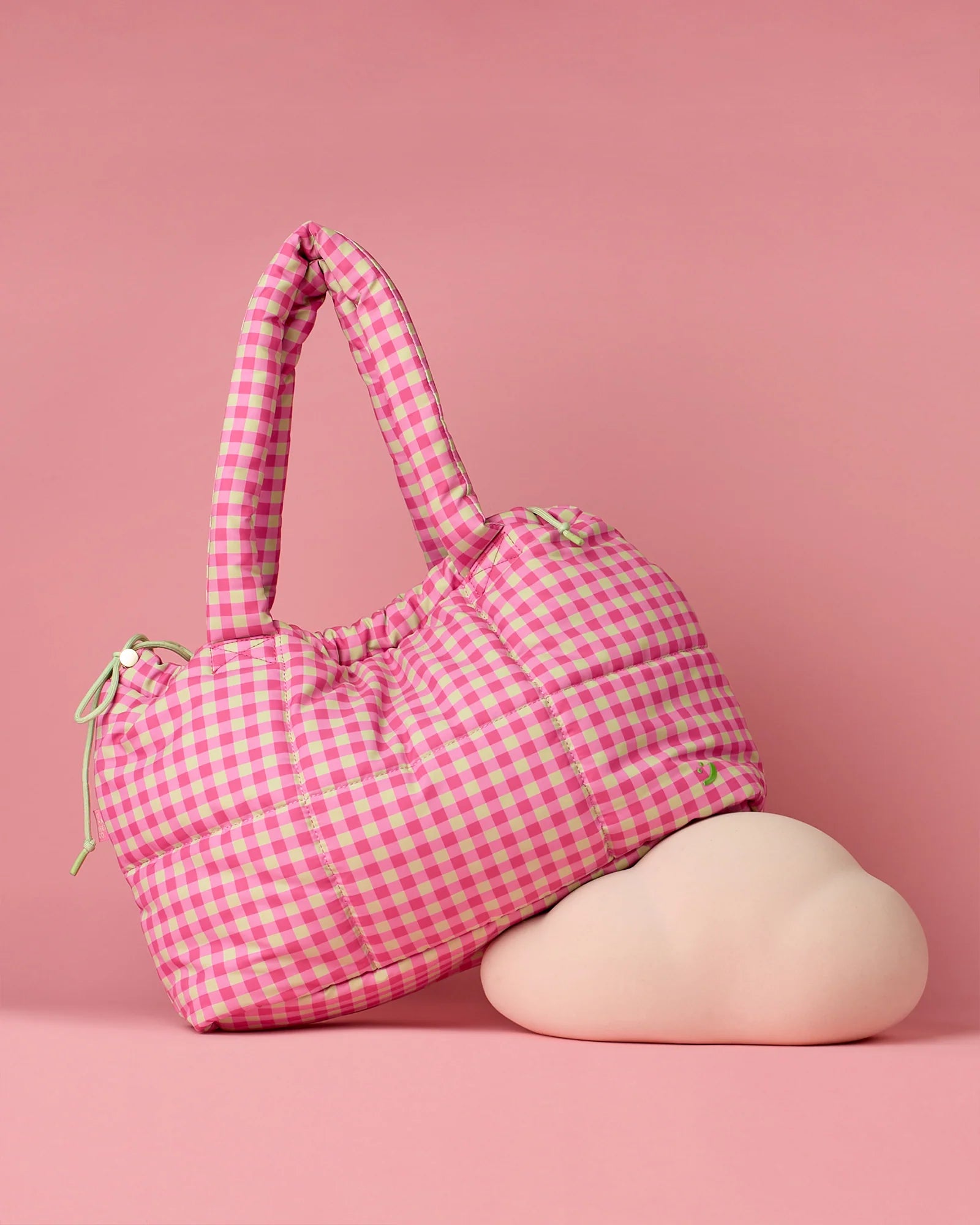Pink Lime Gingham Puffy Drawstring Tote Bag with Padded Carry Straps