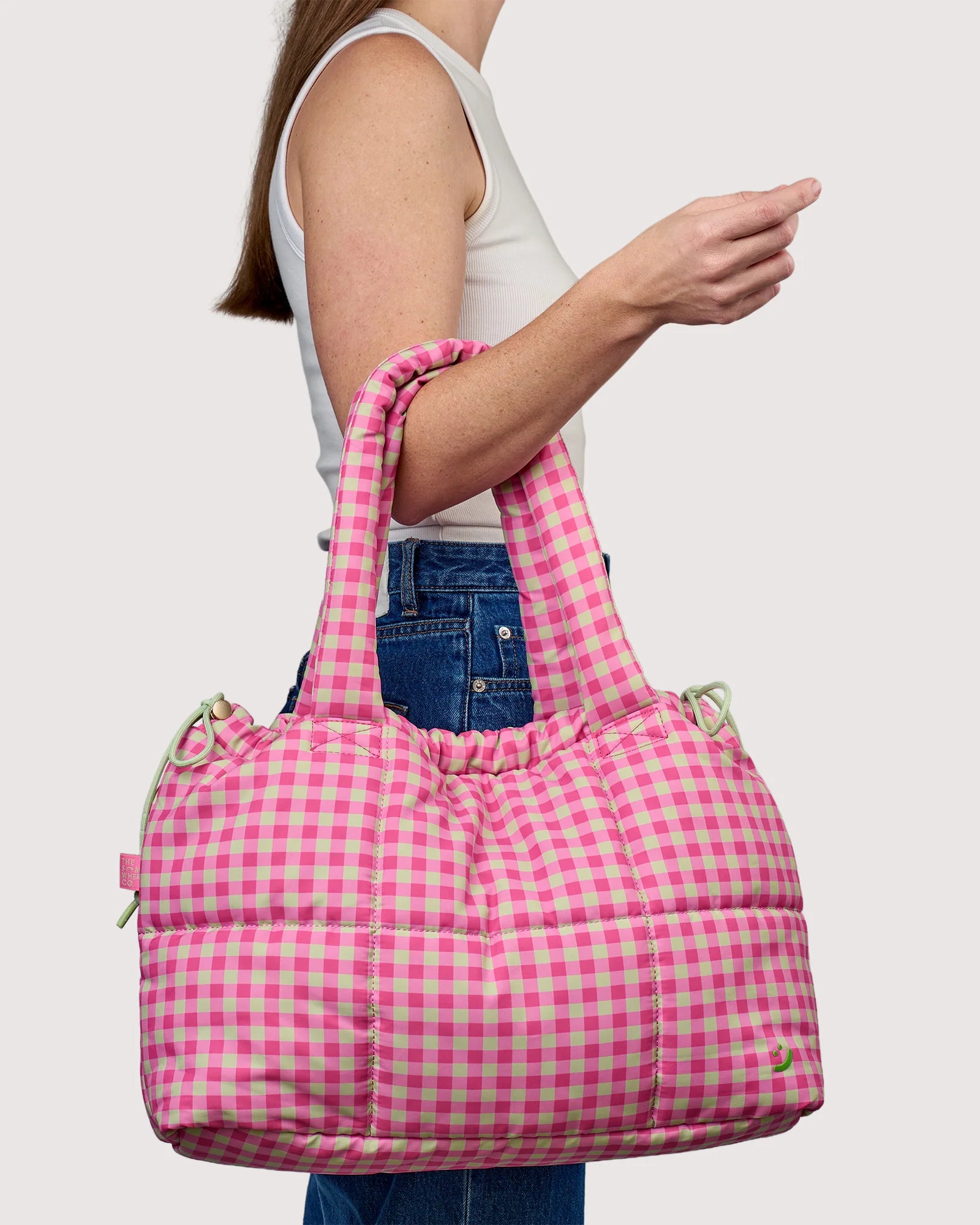 Pink Lime Gingham Puffy Drawstring Tote Bag with Padded Carry Straps
