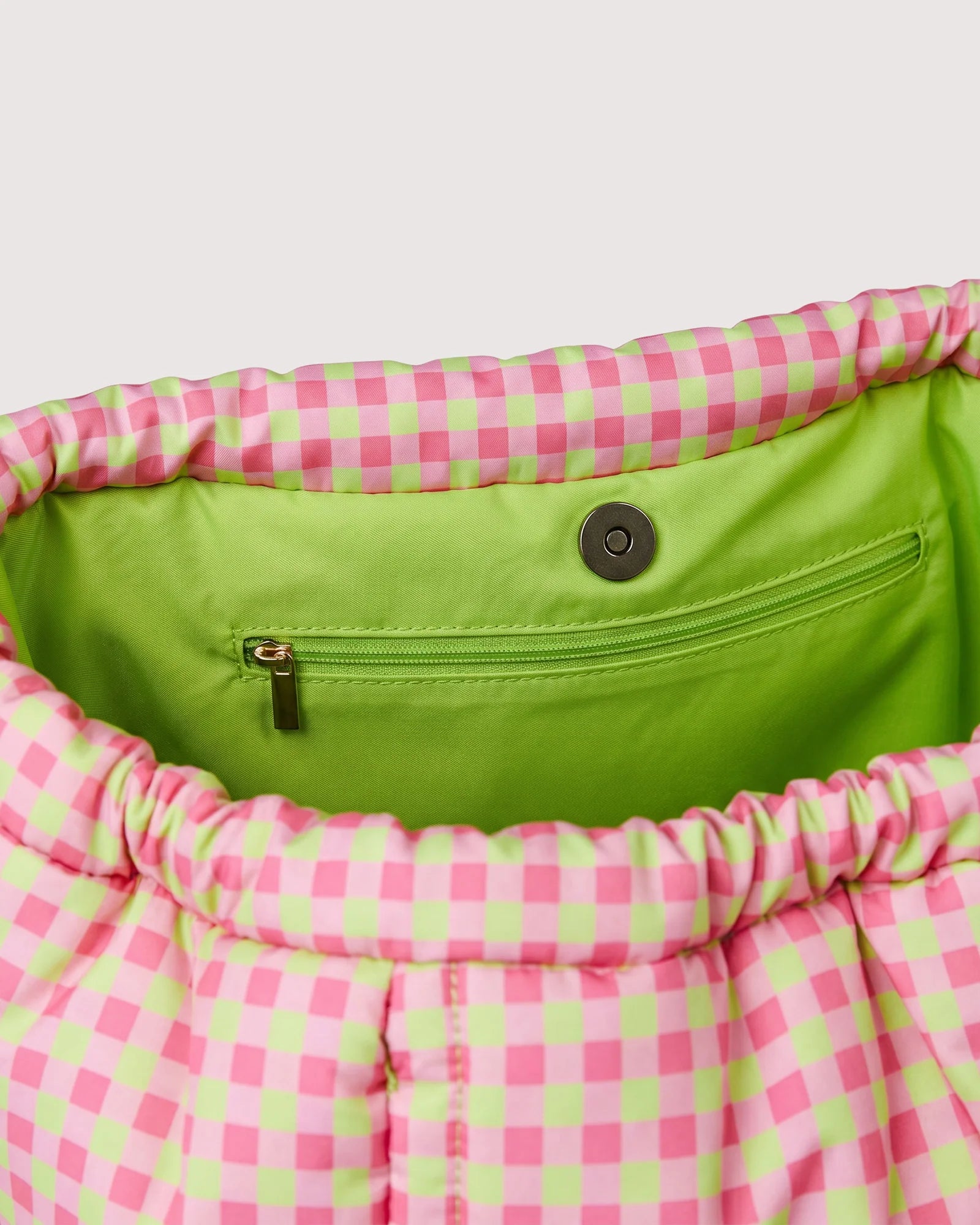 Pink Lime Gingham Puffy Drawstring Tote Bag with Padded Carry Straps
