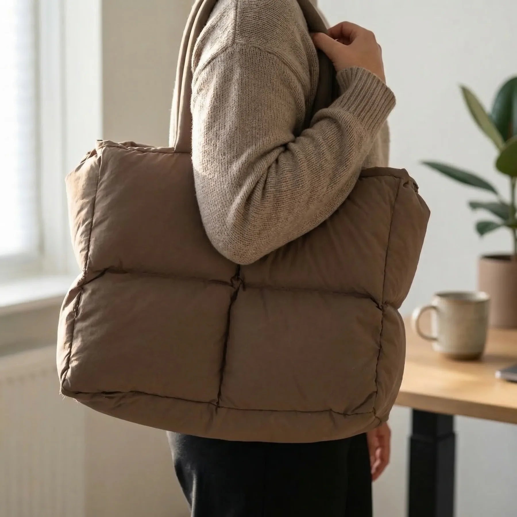 Multi-Tone Plush Quilted Tote Bag with Synthetic Leather Cushioned Handles & Laptop Slot