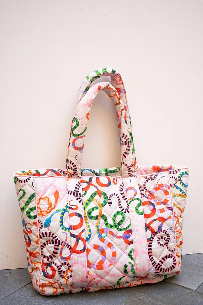 Two-Tone Printed Quilted Large Shoulder Bag with Matching Padded Carry Straps