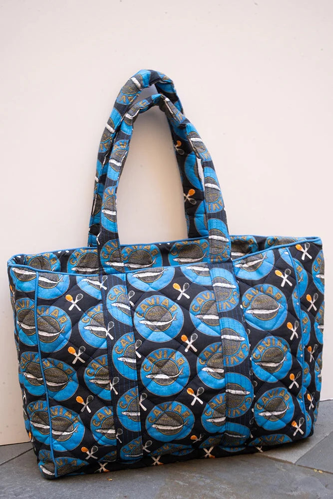 Two-Tone Printed Quilted Large Shoulder Bag with Matching Padded Carry Straps