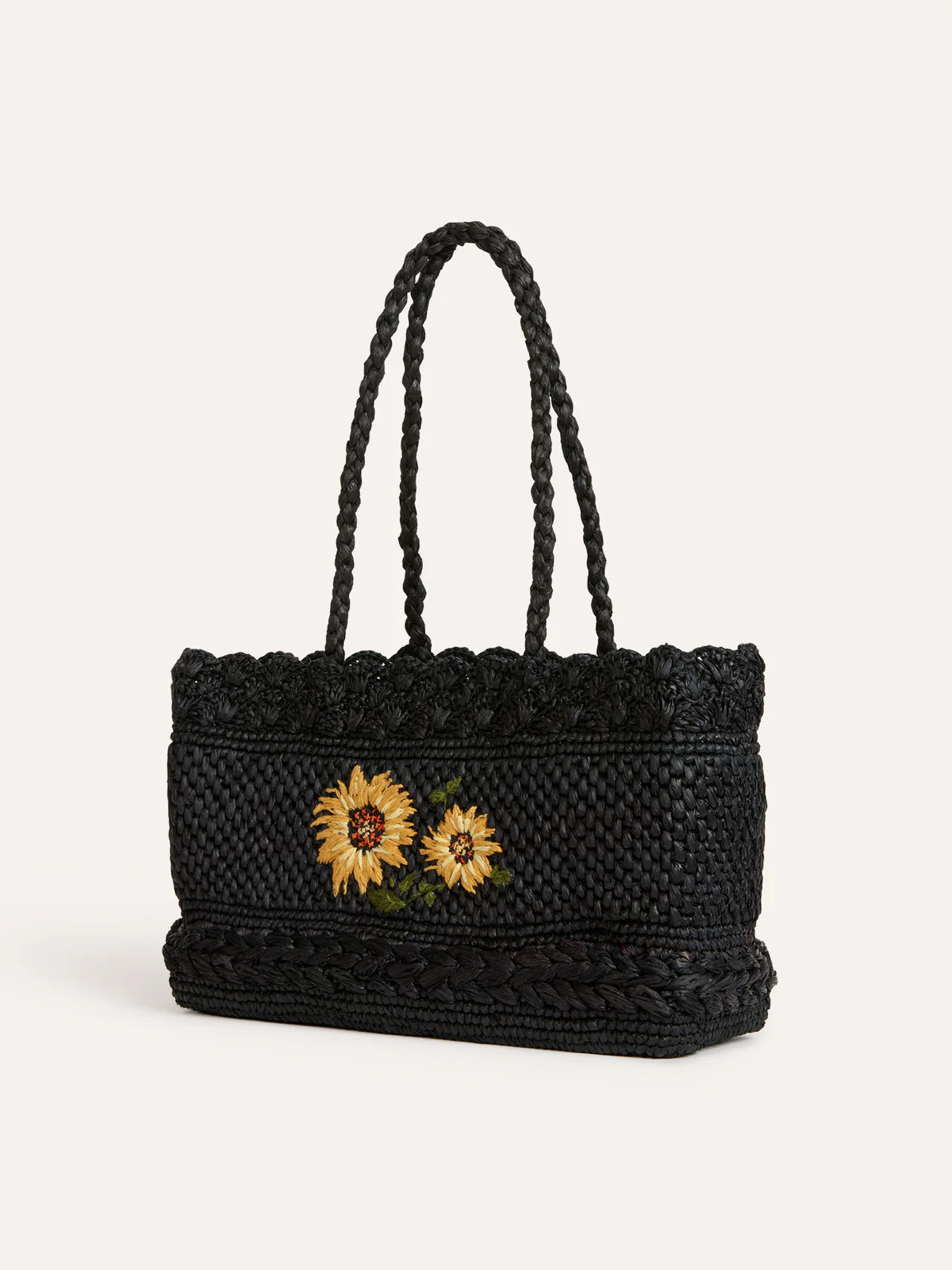 Black Woven Shoulder Bag with Sunflower Embroidery – Holiday Casual Matching Bag