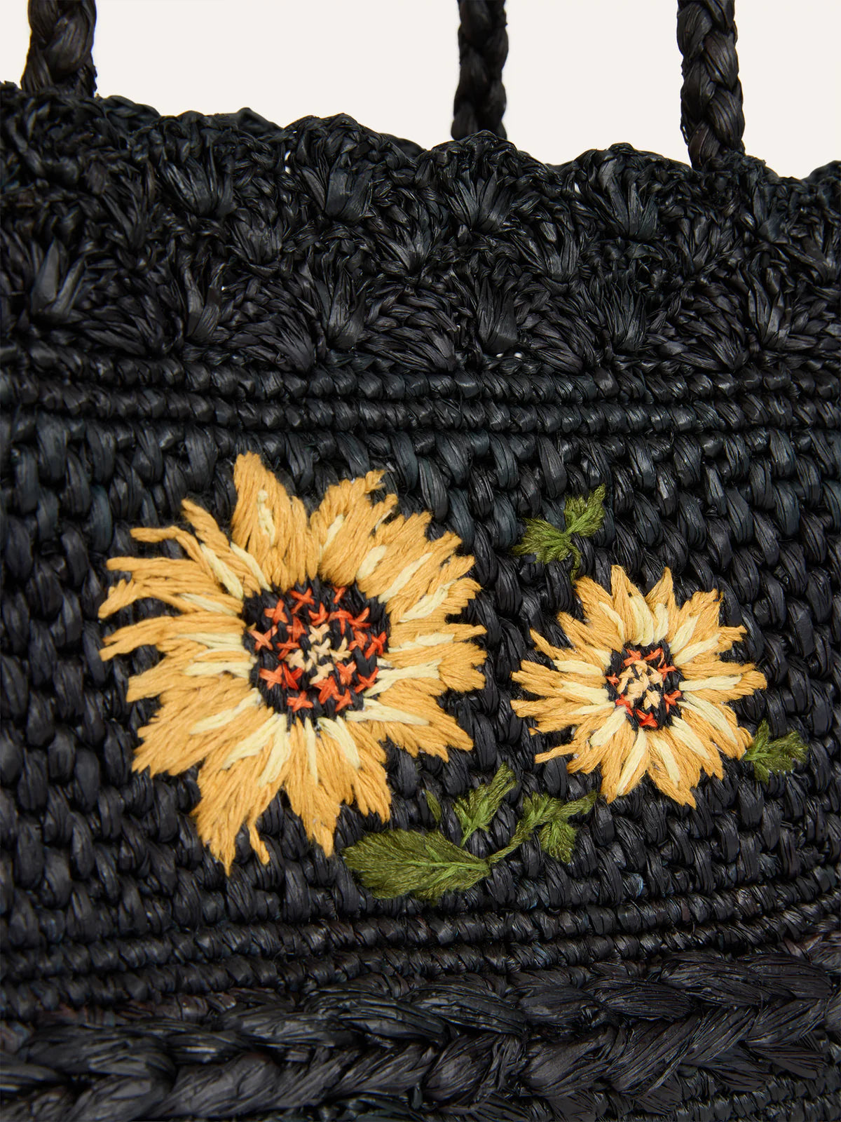 Black Woven Shoulder Bag with Sunflower Embroidery – Holiday Casual Matching Bag