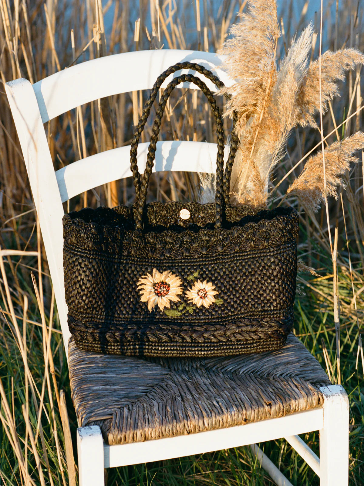 Black Woven Shoulder Bag with Sunflower Embroidery – Holiday Casual Matching Bag