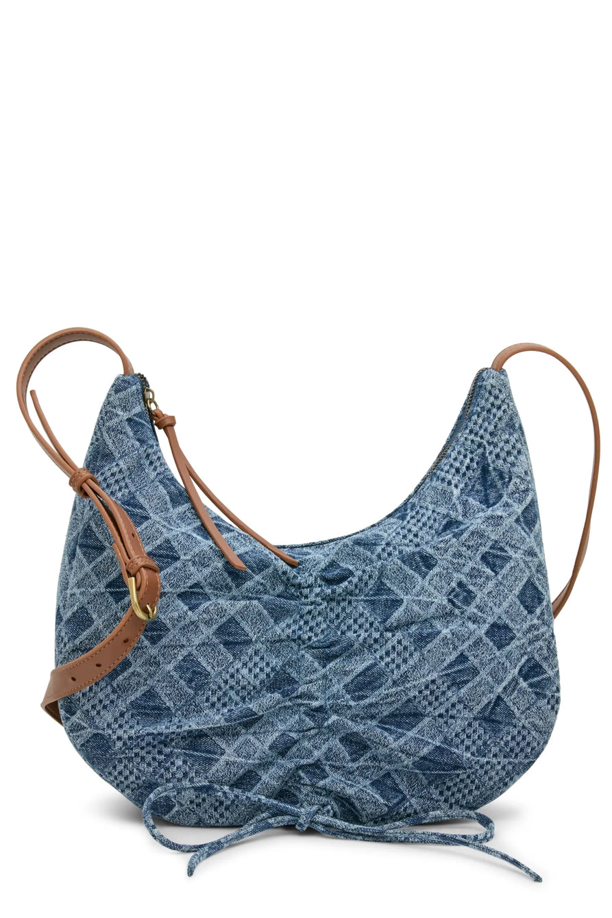 Soft Curved Blue Check Hobo Shoulder Bag with Cowhide Adjustable Strap