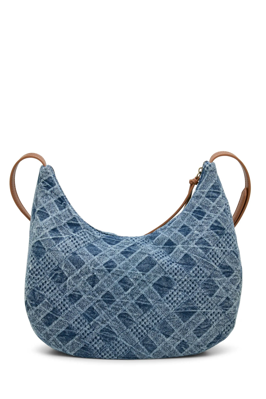 Soft Curved Blue Check Hobo Shoulder Bag with Cowhide Adjustable Strap