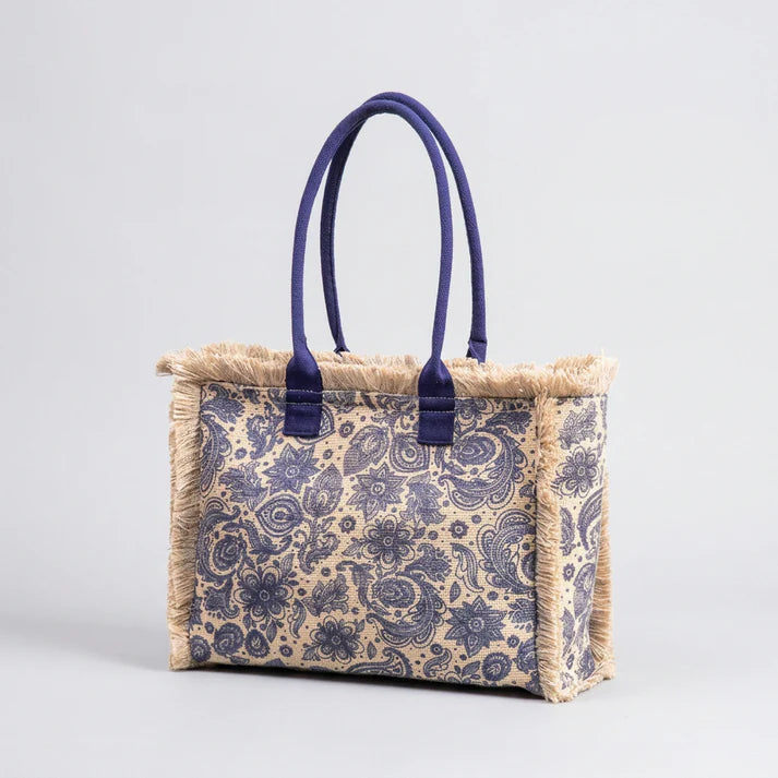 Blue Paisley Print Fringe Trim Tote Bag with Bright Fabric Handles