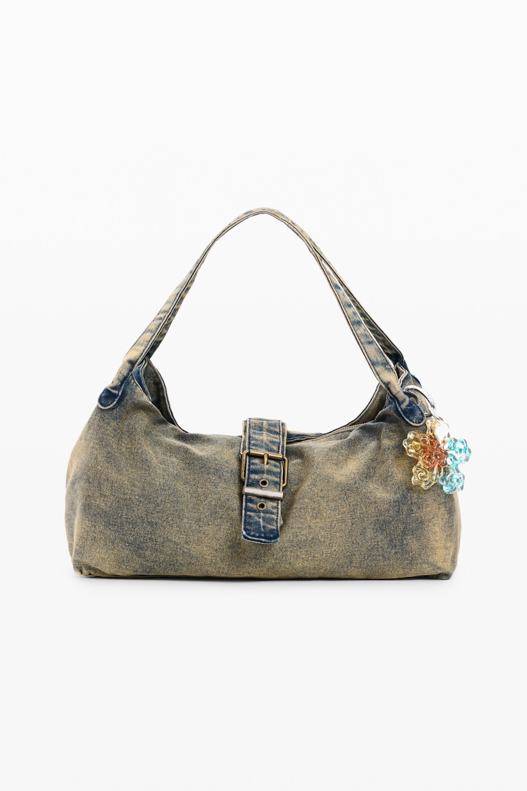 Vintage Washed Khaki Denim Shoulder Bag with Buckle Strap & Colorful Floral Charm
