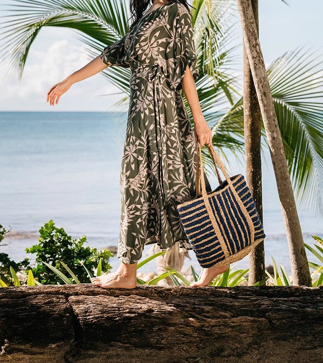 Navy Striped Woven Vacation Carry Bag with Braided Straps