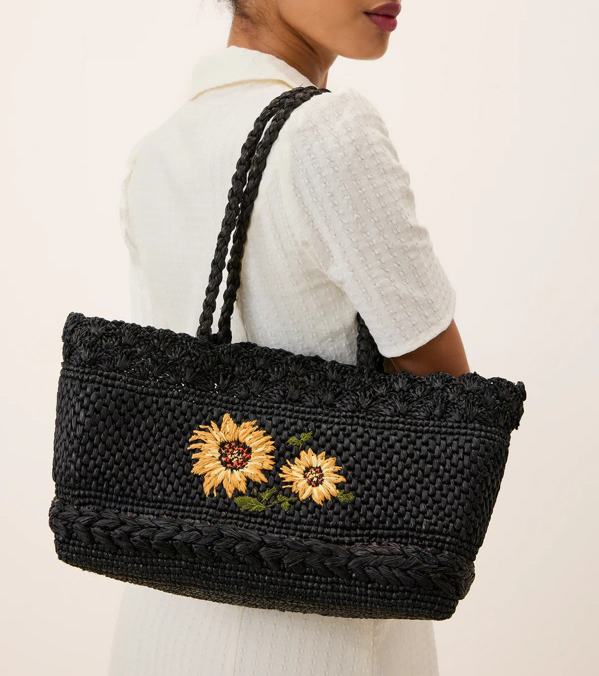 Black Woven Shoulder Bag with Sunflower Embroidery – Holiday Casual Matching Bag