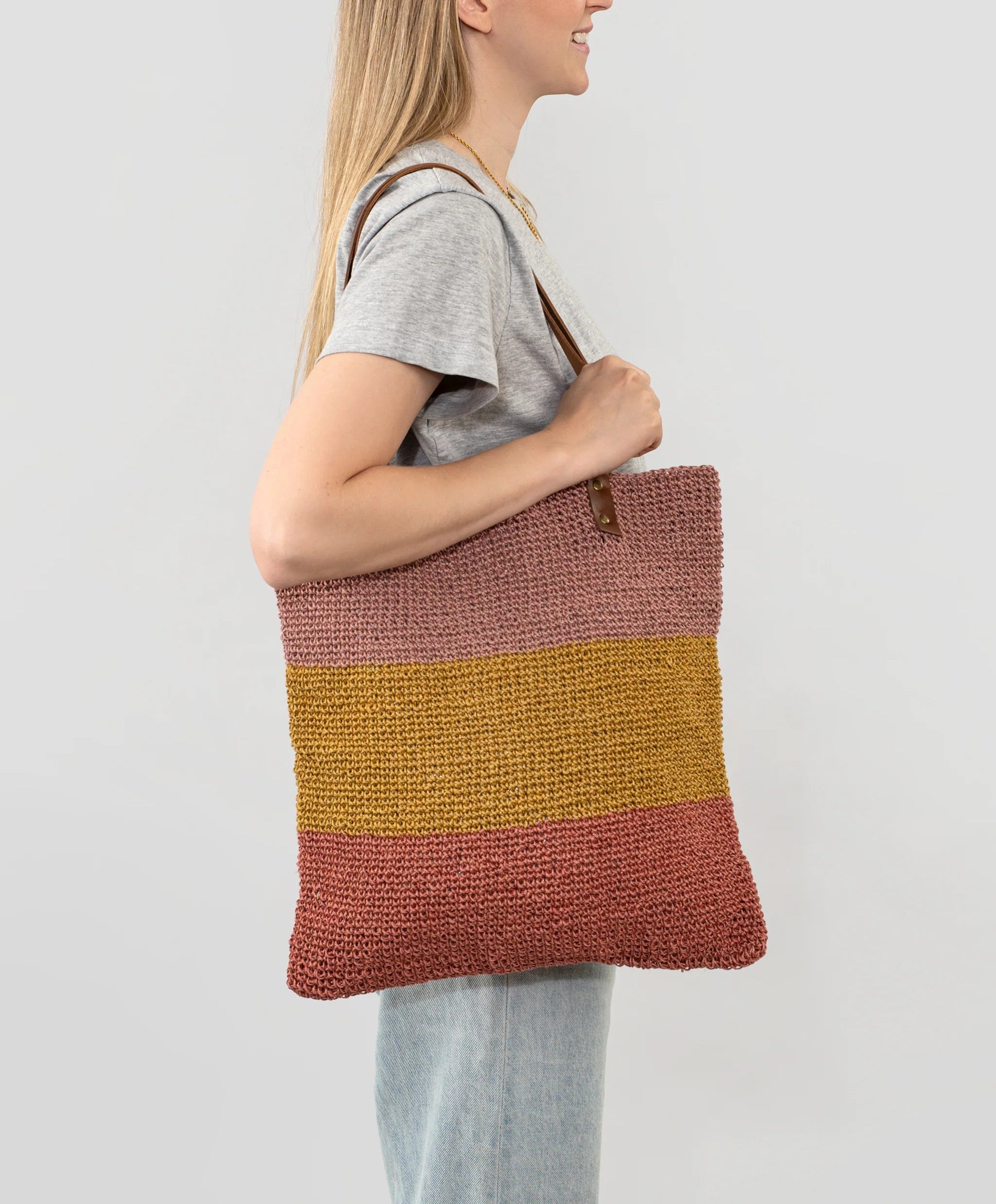 Sunset Tri-Tone Leather Strap Woven Tote Bag - Summer Vacation Daily Bag