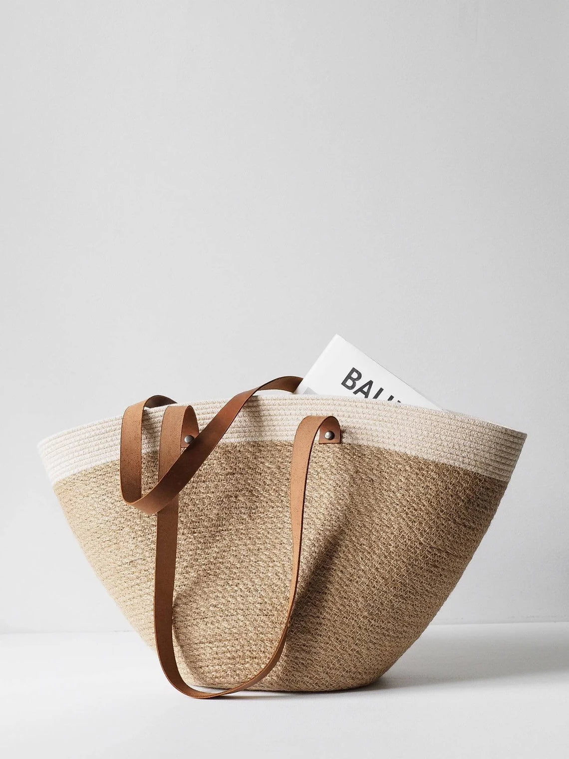Dual Neutral Woven Shopper Bag with Leather Shoulder Straps