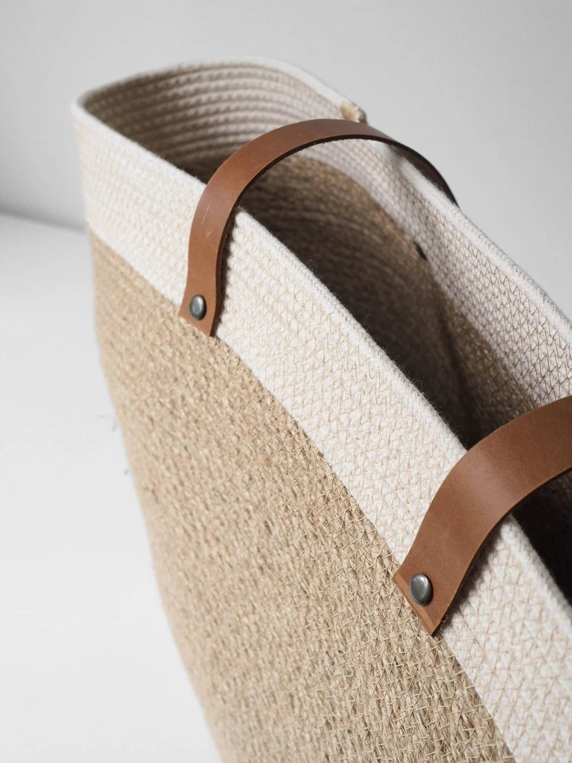 Dual Neutral Woven Shopper Bag with Leather Shoulder Straps