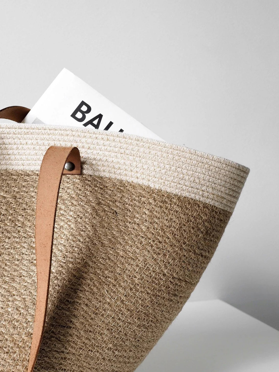 Dual Neutral Woven Shopper Bag with Leather Shoulder Straps
