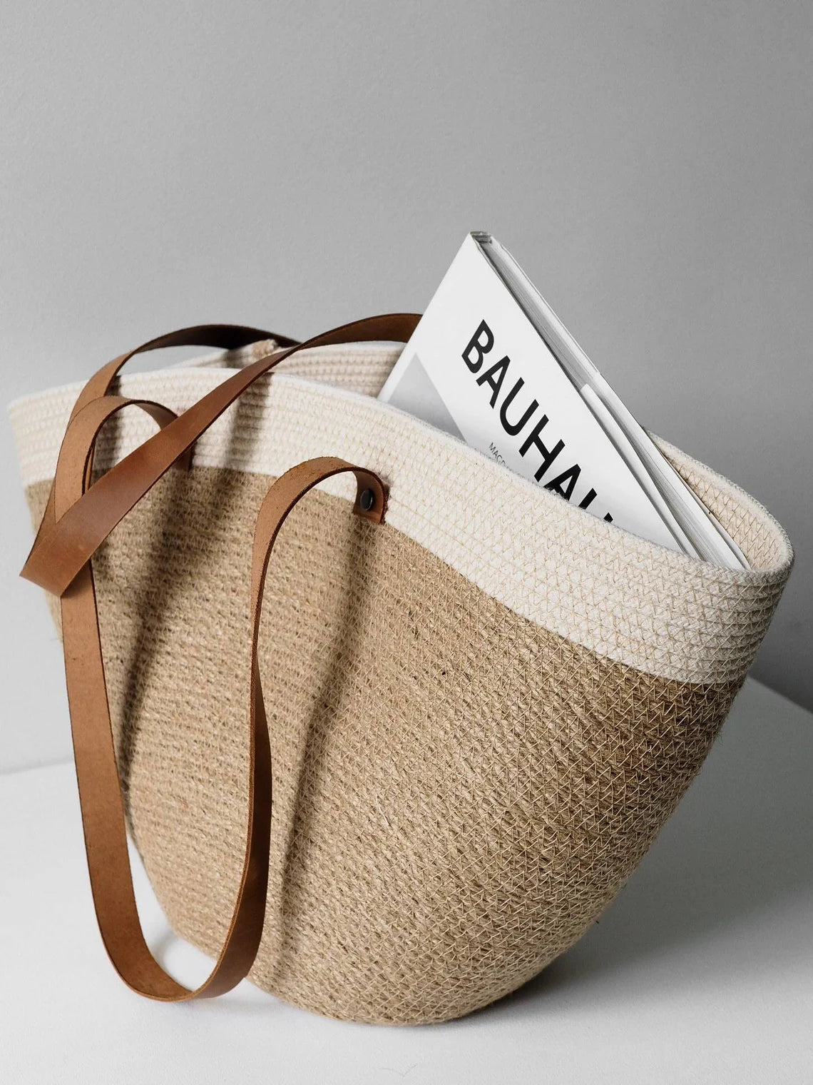 Dual Neutral Woven Shopper Bag with Leather Shoulder Straps