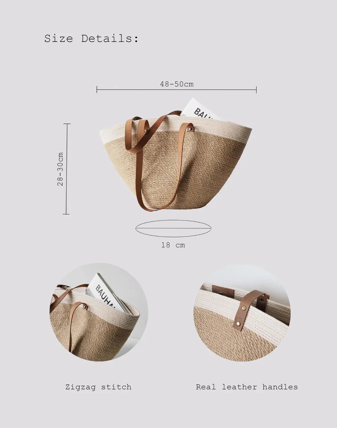 Dual Neutral Woven Shopper Bag with Leather Shoulder Straps