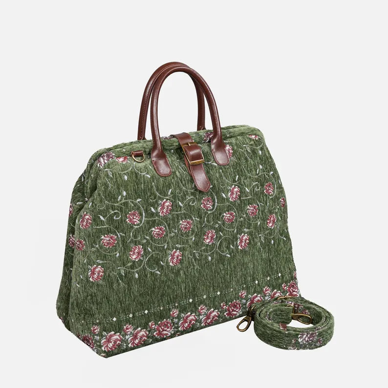 Olive Green Floral Print Travel Bag with Brown Leather Hardware & Detachable Strap