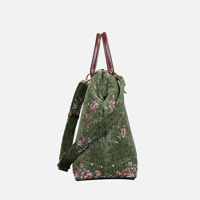 Olive Green Floral Print Travel Bag with Brown Leather Hardware & Detachable Strap