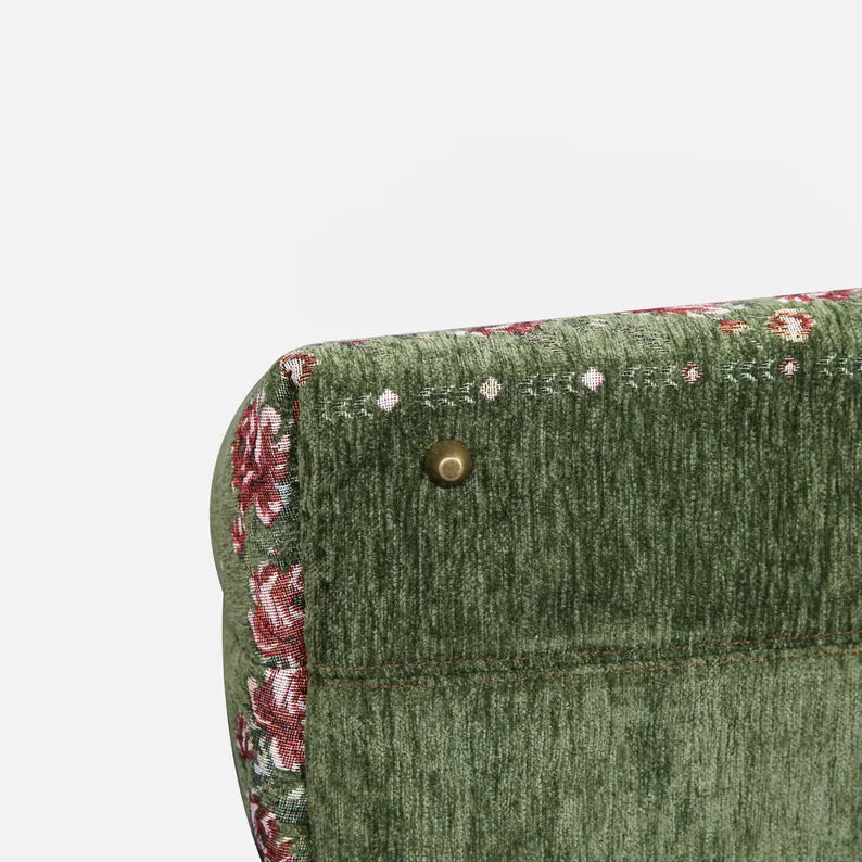 Olive Green Floral Print Travel Bag with Brown Leather Hardware & Detachable Strap